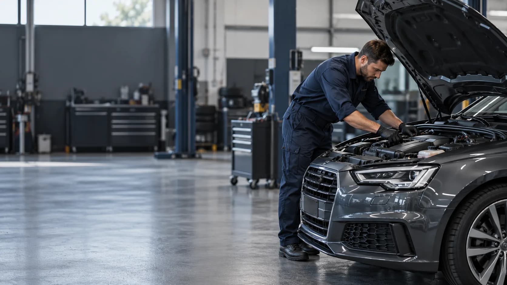 Mechanic inspecting a car engine in a vehicle workshop